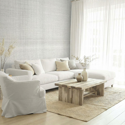 Bright living room with a white sofa, armchair, wooden coffee table, and Textured Plaid Commercial Vinyl curtains.