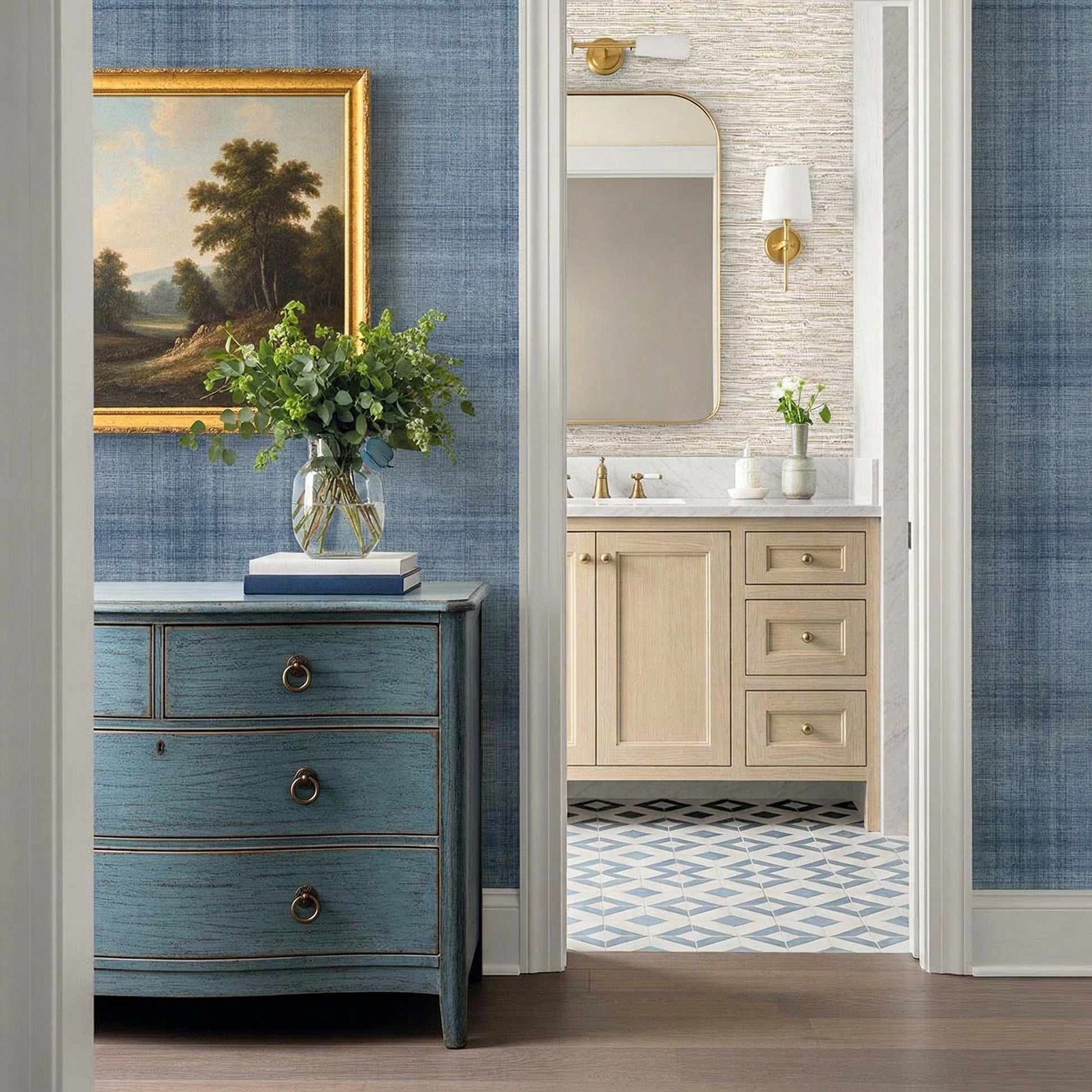Blue Textured Plaid Commercial Vinyl dresser with a vase of flowers, in front of a gold-framed painting; bathroom view.