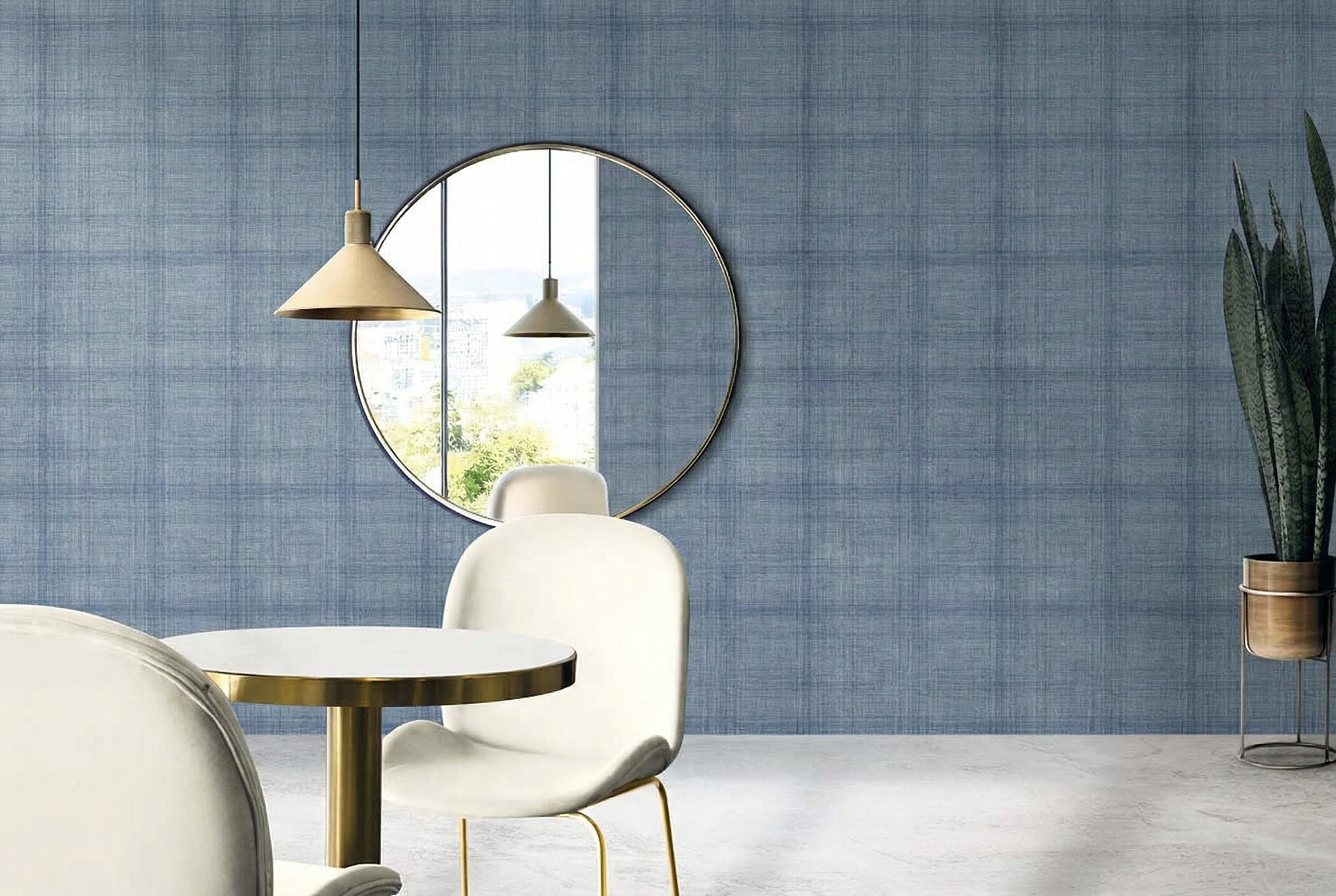 Modern dining area featuring Textured Plaid Commercial Vinyl flooring, white chairs, and a round table.