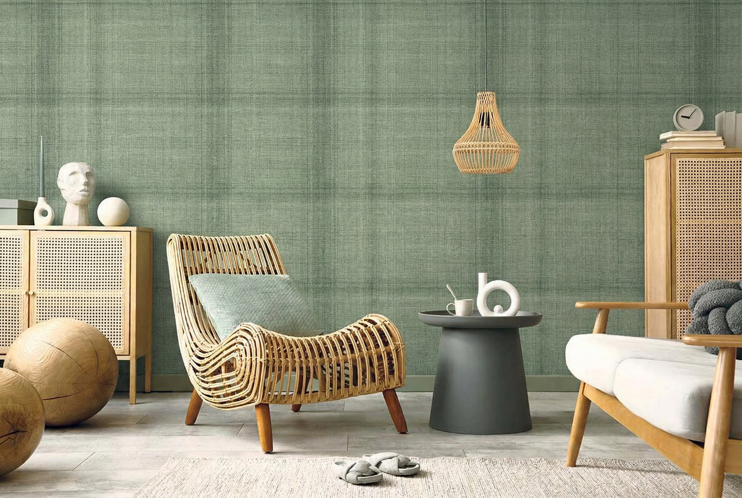 Modern living room with wicker furniture, Textured Plaid Commercial Vinyl walls, and natural light.