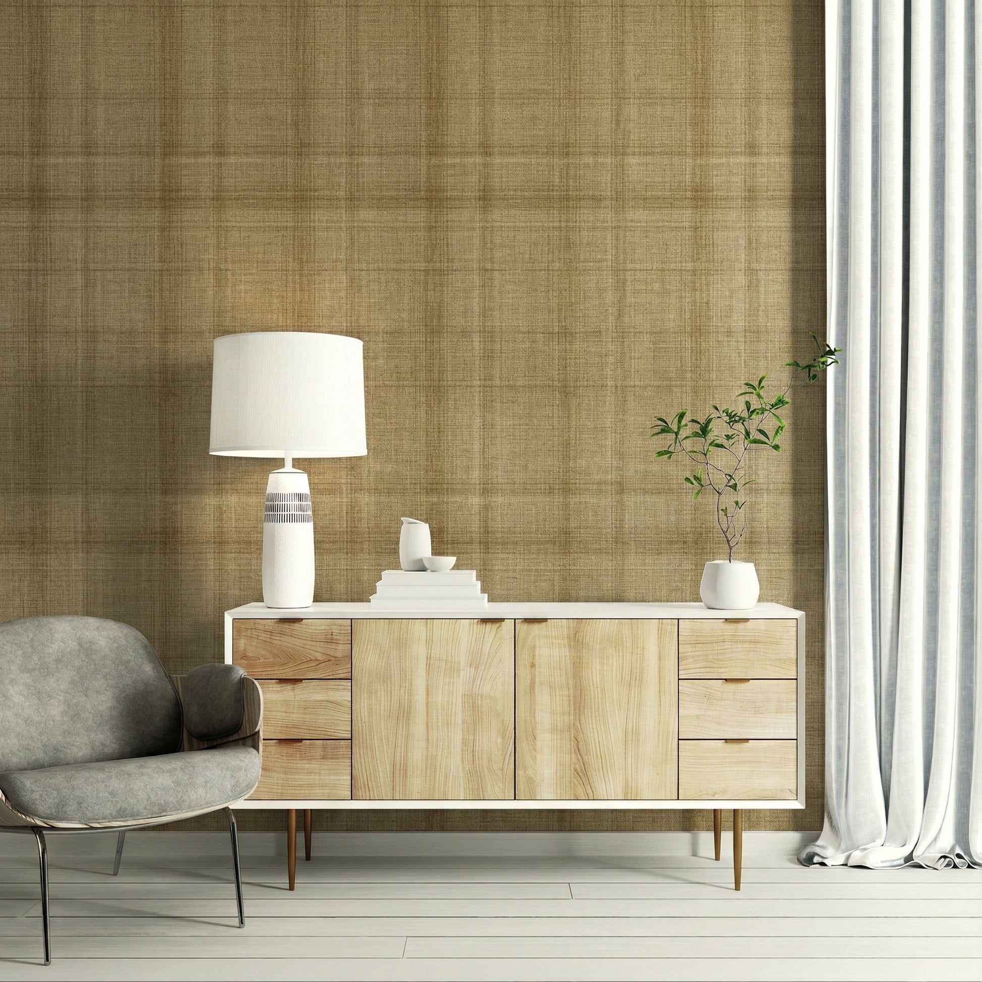 Modern living room featuring the Textured Plaid Commercial Vinyl chair, wooden sideboard, and light curtains.