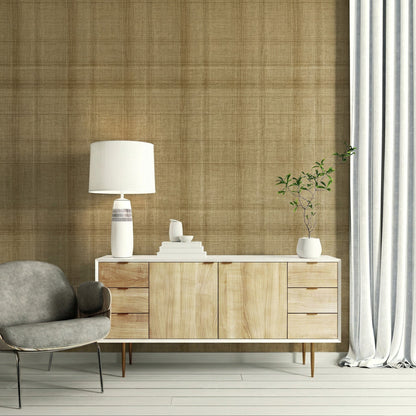 Modern living room featuring the Textured Plaid Commercial Vinyl chair, wooden sideboard, and light curtains.