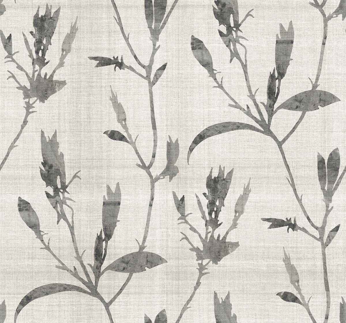 Botanical Bali Leaf Commercial Vinyl wallpaper with gray watercolor stems on a light, textured background.