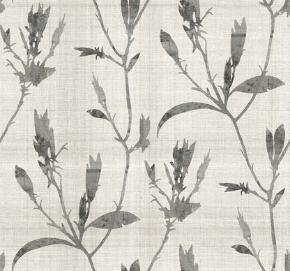 Botanical Bali Leaf Commercial Vinyl wallpaper with gray watercolor stems on a light, textured background.