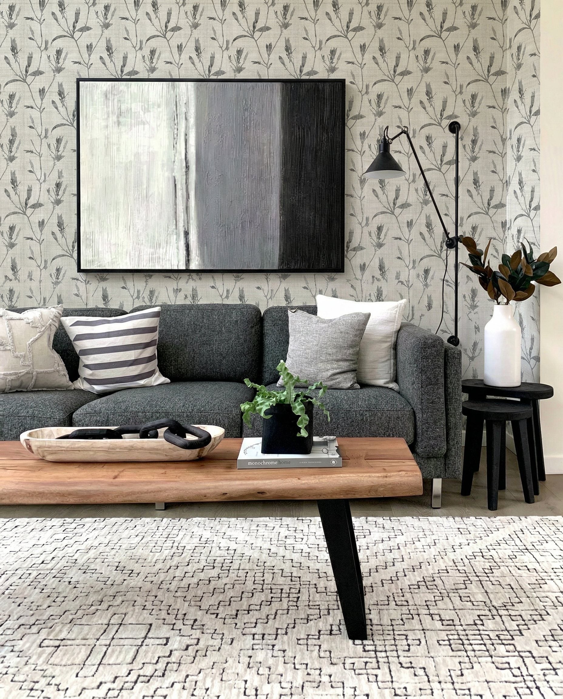 Modern living room with gray sofa, striped pillows, abstract art, wood table Botanical Bali Leaf Commercial Vinyl wallpaper.