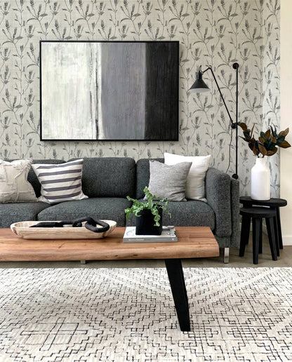 Modern living room with gray sofa, striped pillows, abstract art, wood table Botanical Bali Leaf Commercial Vinyl wallpaper.