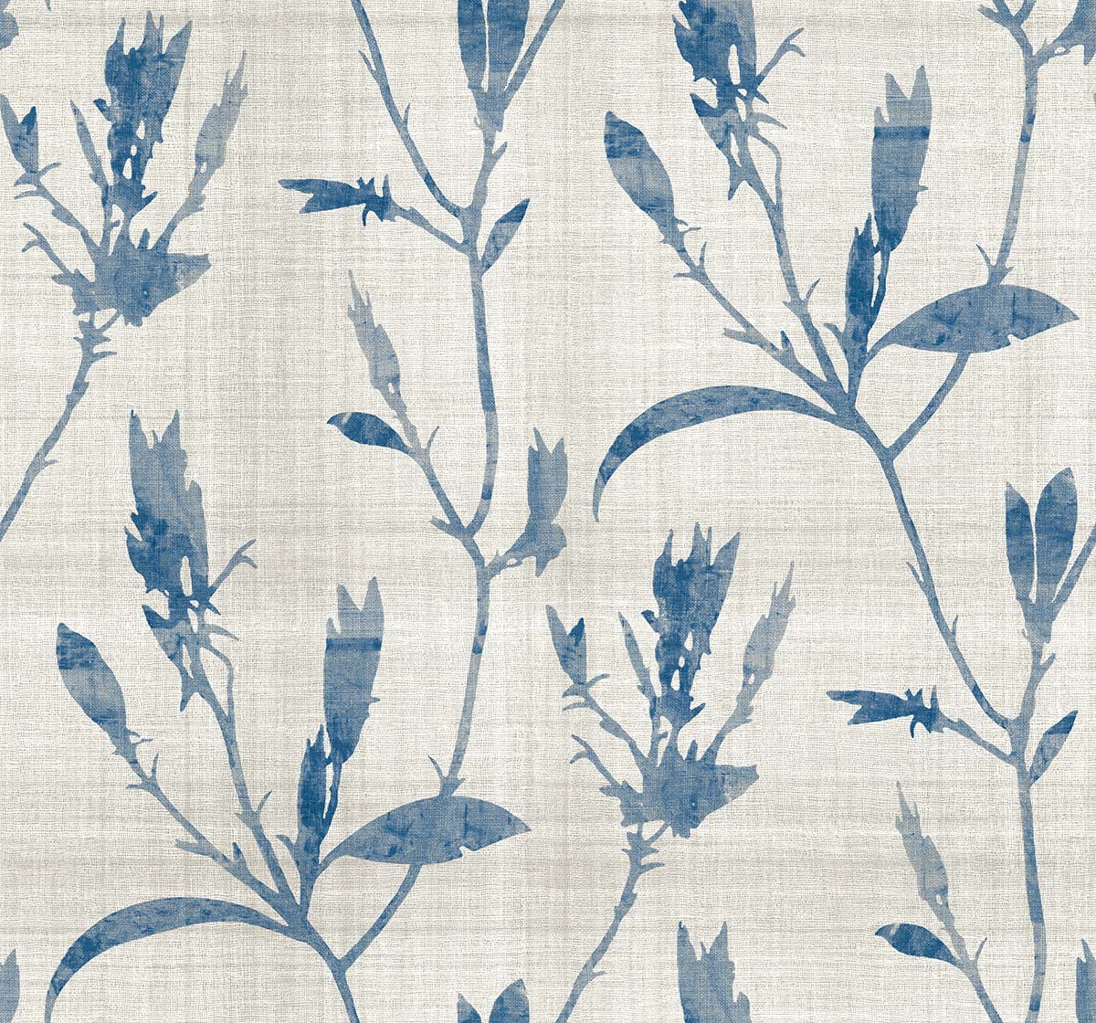 Botanical Bali Leaf Commercial Vinyl features blue floral silhouettes on beige for a resort-inspired wallpaper look.