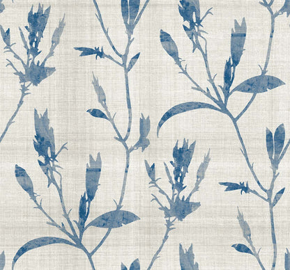 Botanical Bali Leaf Commercial Vinyl features blue floral silhouettes on beige for a resort-inspired wallpaper look.