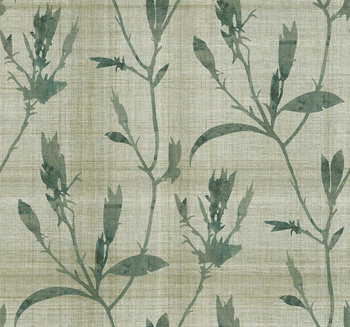 The Botanical Bali Leaf Commercial Vinyl features green leaf silhouettes on a textured beige backdrop for a serene look.