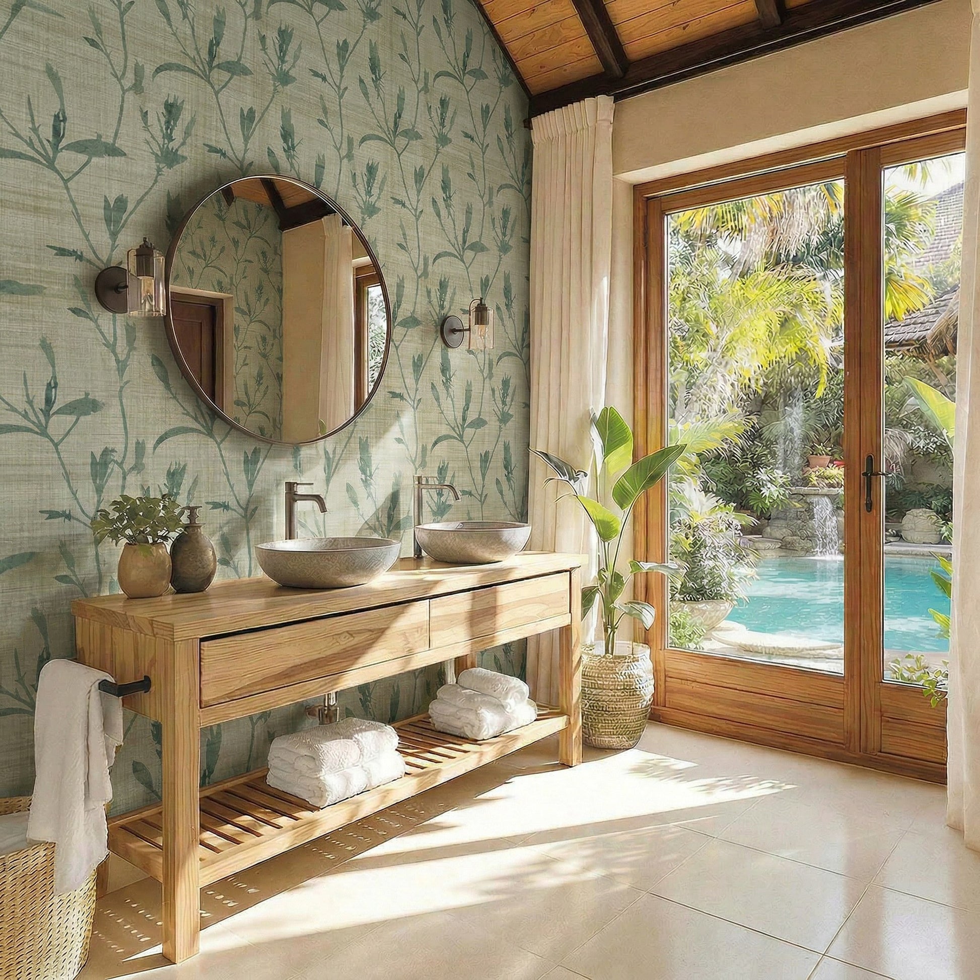 Modern bathroom with double sinks, round mirror, wood accents, and Botanical Bali Leaf Commercial Vinyl wallpaper.