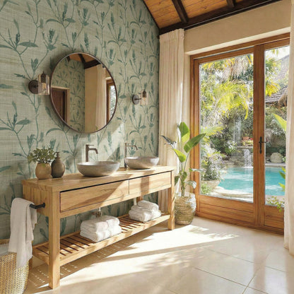 Modern bathroom with double sinks, round mirror, wood accents, and Botanical Bali Leaf Commercial Vinyl wallpaper.