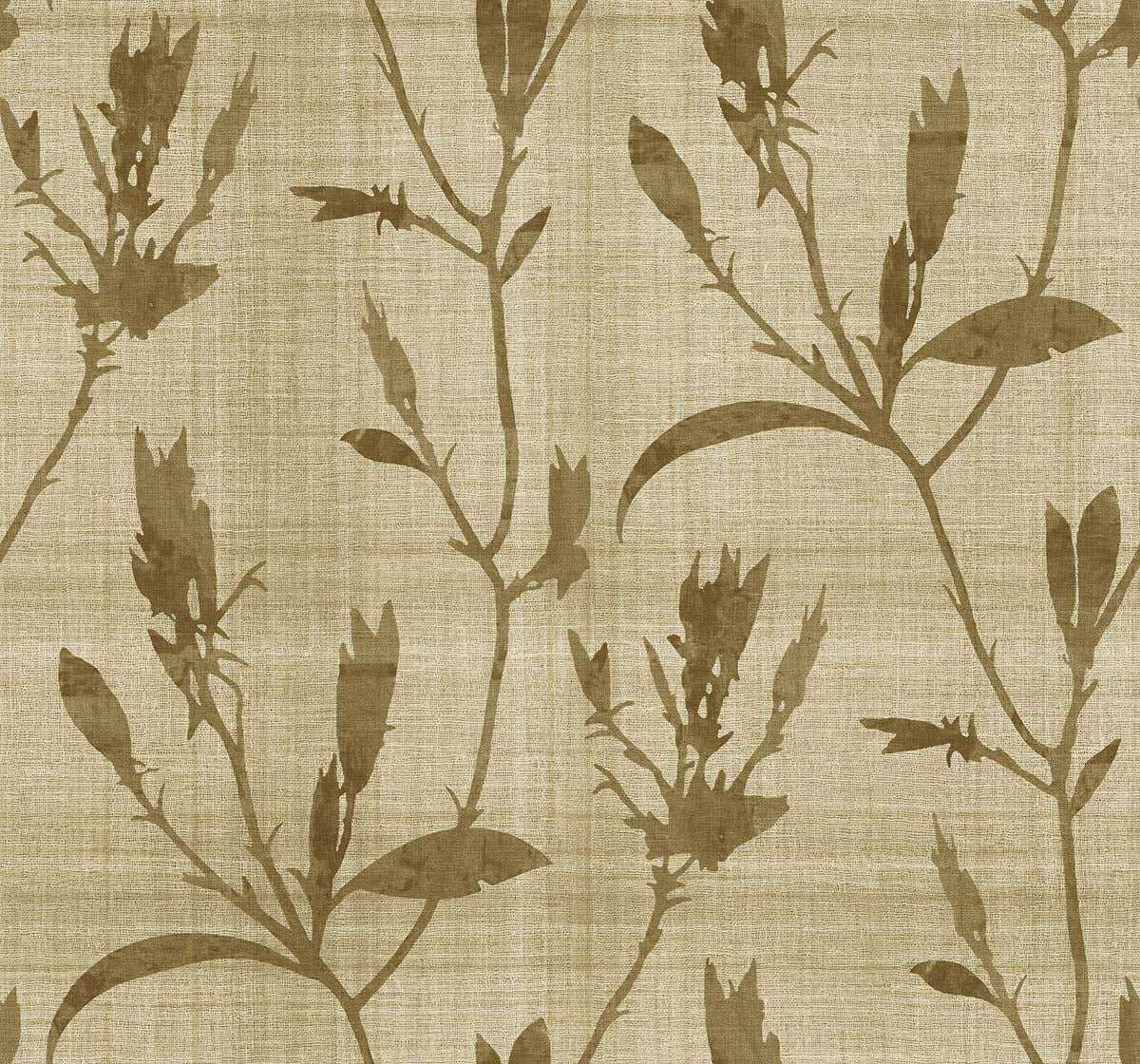 Botanical Bali Leaf Commercial Vinyl wallpaper in beige features leafy branches and buds for a serene resort-inspired look.
