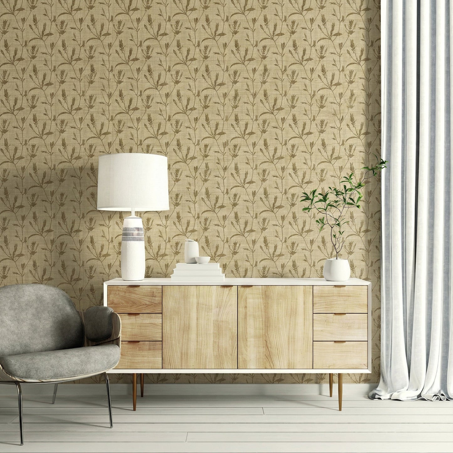 Botanical Bali Leaf Commercial Vinyl wallpaper, mid-century cabinet, lamp, books, plant, gray chair, and white curtains.