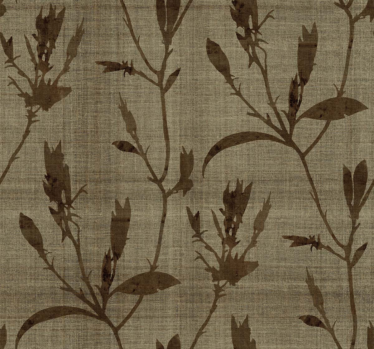 Botanical Bali Leaf Commercial Vinyl features brown leafy silhouettes on beige, ideal for botanical wallpaper.