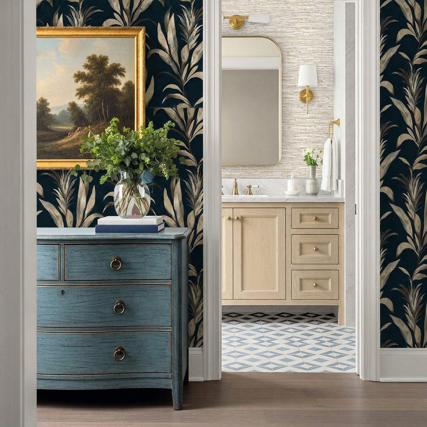 A blue dresser with a vase sits by Palm Desert Commercial Vinyl, near a bright, modern bathroom.