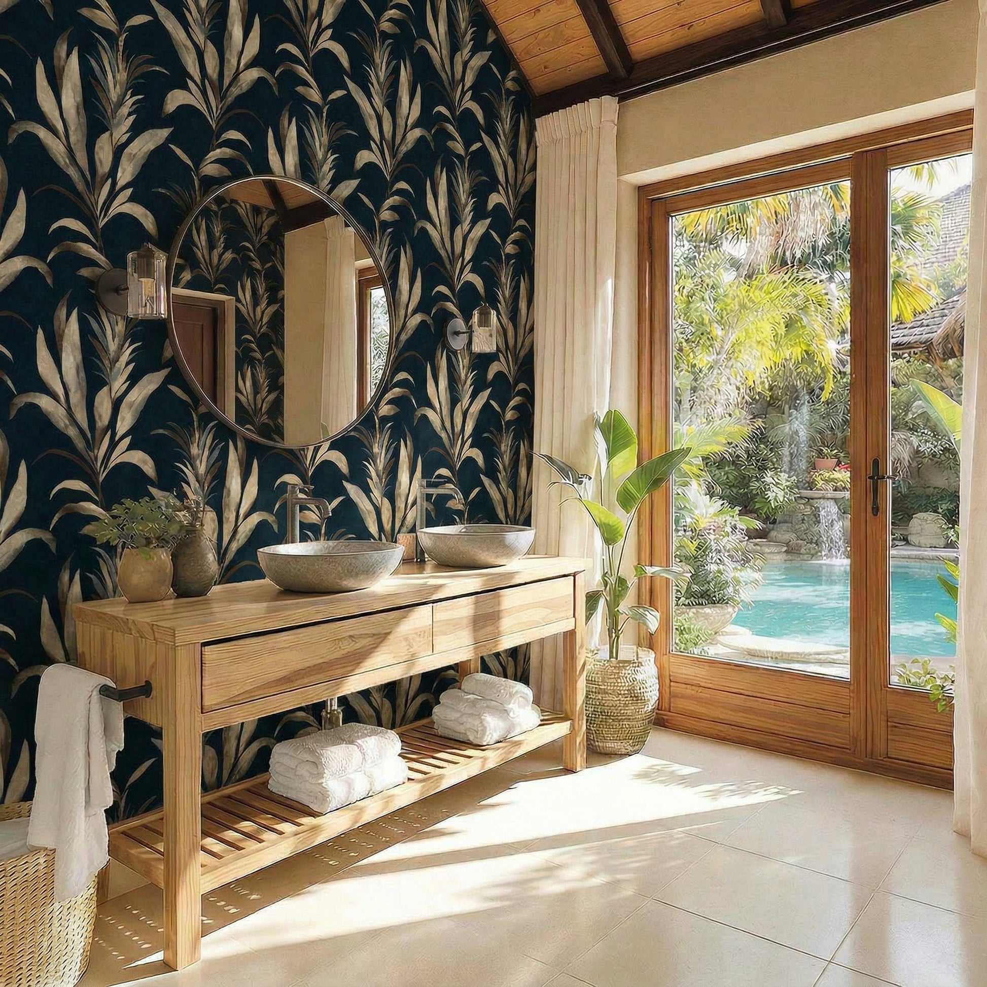 Modern bathroom with Palm Desert Commercial Vinyl wallpaper, double sinks, round mirror, and pool view through glass doors.