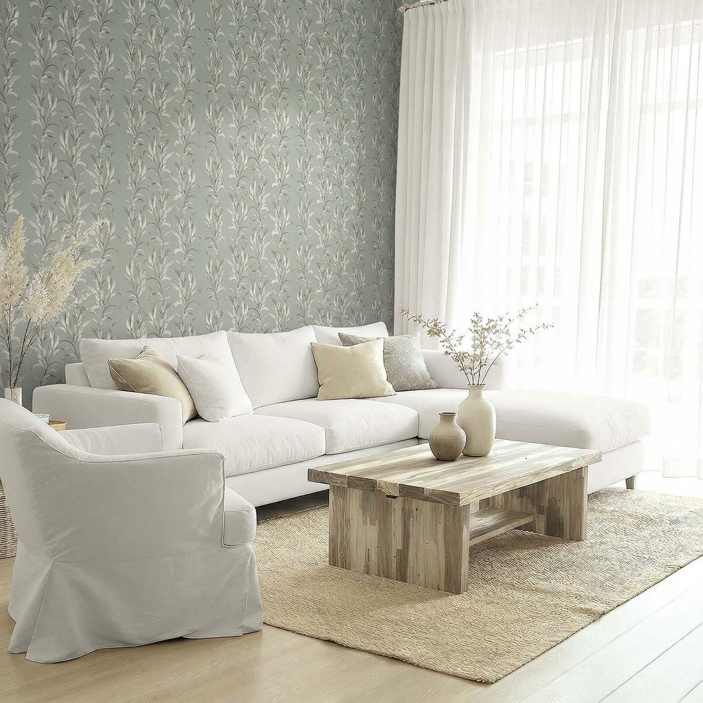 Modern living room with light gray sofa, armchair, and Palm Desert Commercial Vinyl wallpaper as a feature wall.