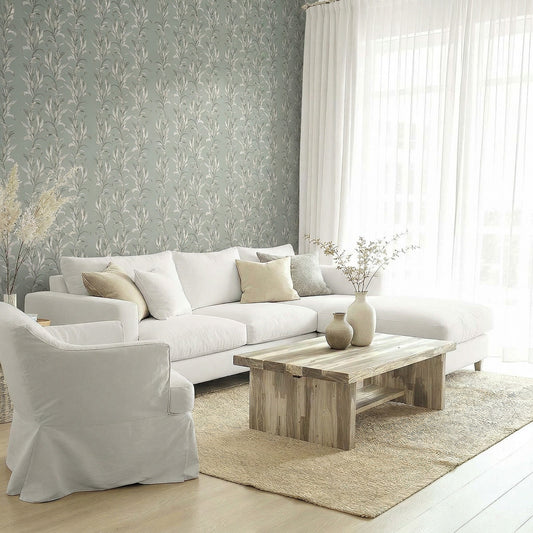 Modern living room with light gray sofa, armchair, and Palm Desert Commercial Vinyl wallpaper as a feature wall.