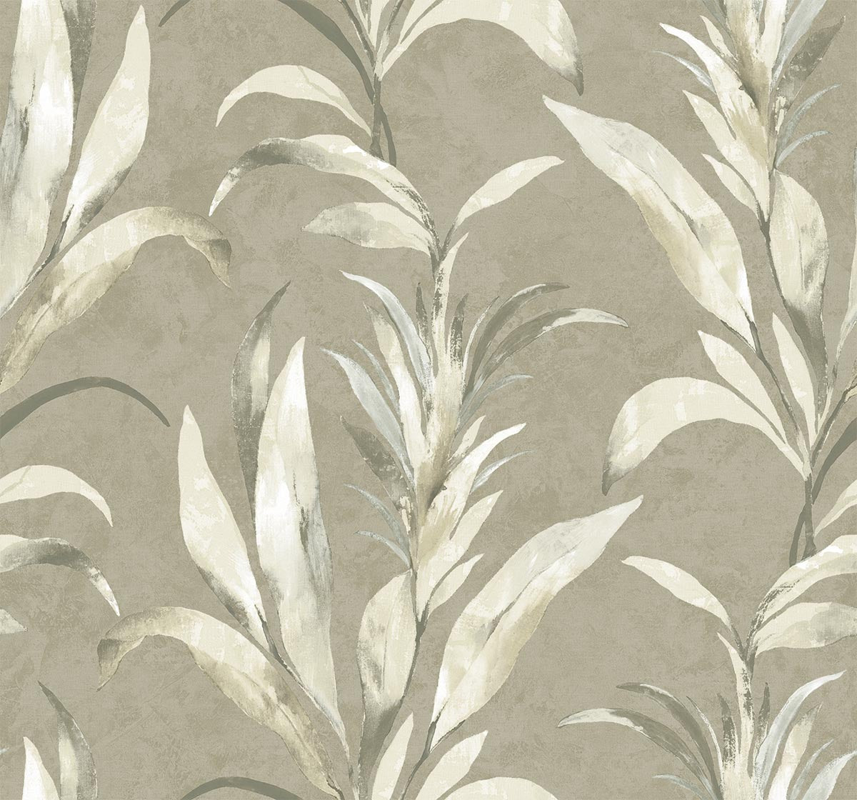 Palm Desert Commercial Vinyl features a beige and gray leafy print on taupe—ideal as a statement wall covering.