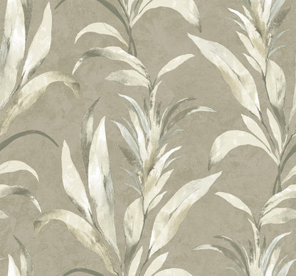 Palm Desert Commercial Vinyl features a beige and gray leafy print on taupe—ideal as a statement wall covering.
