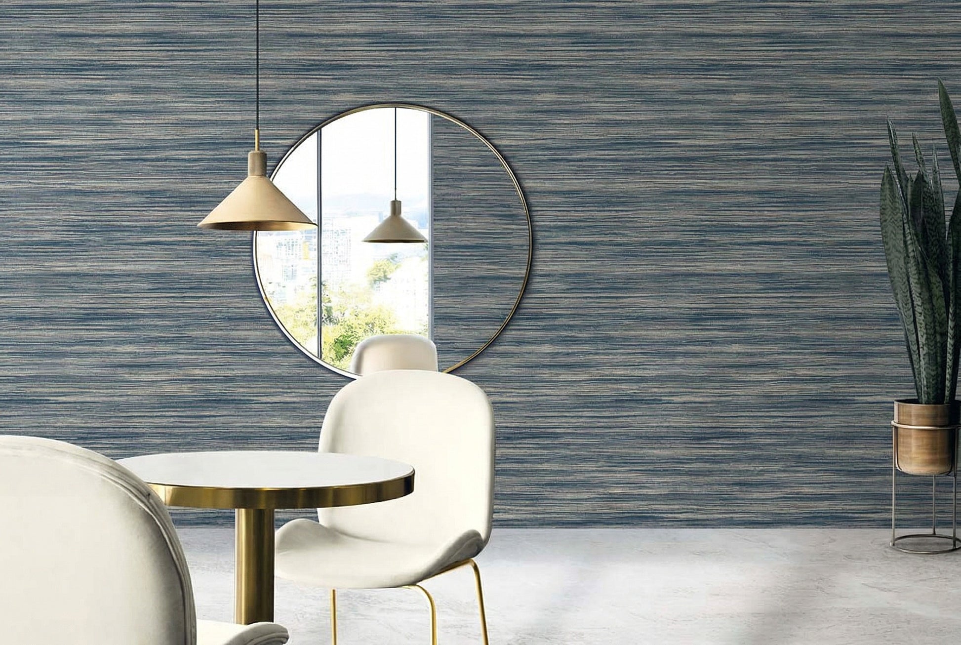 Modern dining area with round table, white chairs, and Faux Grasscloth Commercial Vinyl wallpaper adds stylish flair.