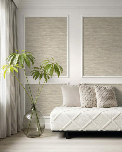 Minimalist modern space featuring Faux Grasscloth Commercial Vinyl panels, a potted plant, and a white plush couch.