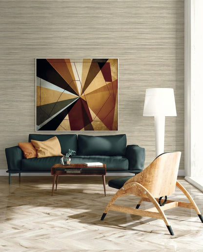 Modern living room with Faux Grasscloth Commercial Vinyl wallpaper, dark green sofa, abstract art, and wood chair.