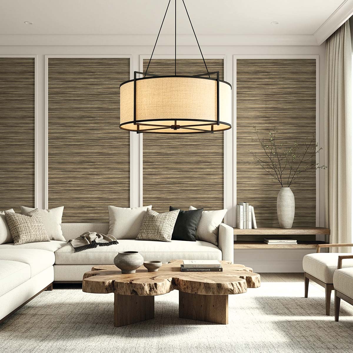 Modern living space with a beige sectional, wooden coffee table, and Faux Grasscloth Commercial Vinyl wall panels.