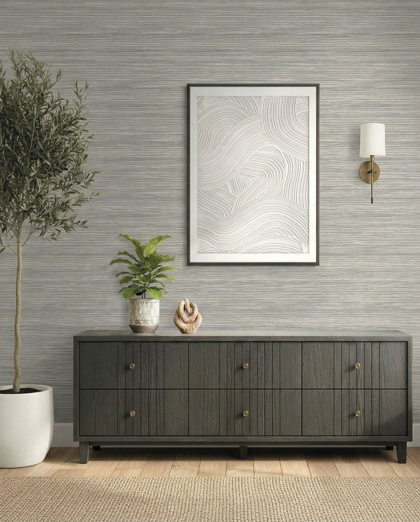 Modern entryway with a dark wood console, Faux Grasscloth Commercial Vinyl wallpaper, art, plants, and a wall sconce.