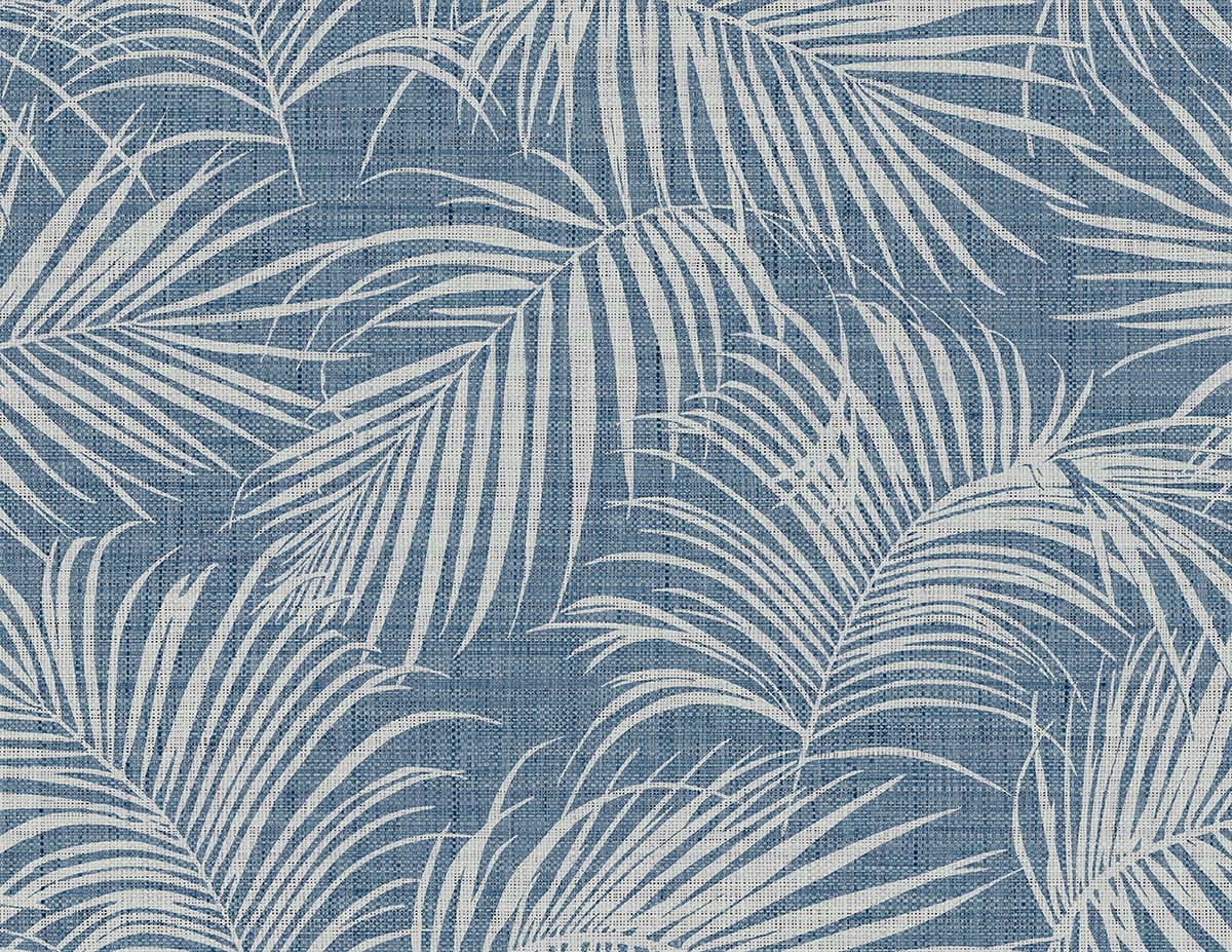 Palm Grassland Commercial Vinyl: white palm leaf pattern on blue, ideal for beach wallpaper or coastal chic decor.