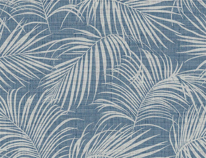 Palm Grassland Commercial Vinyl: white palm leaf pattern on blue, ideal for beach wallpaper or coastal chic decor.