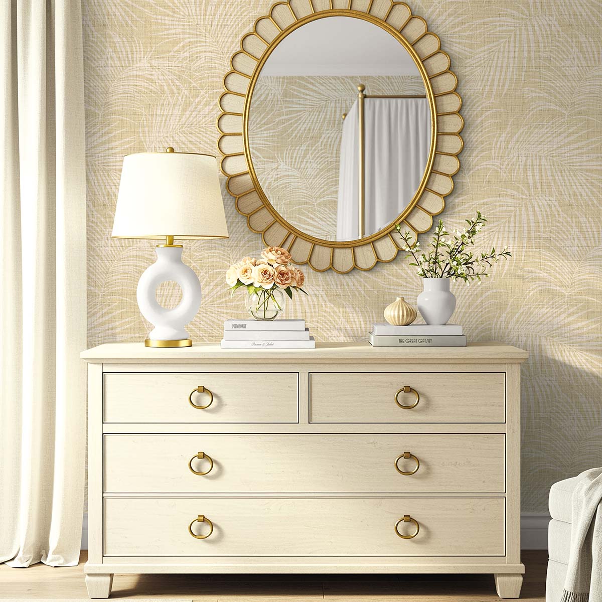 Beige dresser with gold handles, round mirror, and lamp sit against Palm Grassland Commercial Vinyl wallpaper.