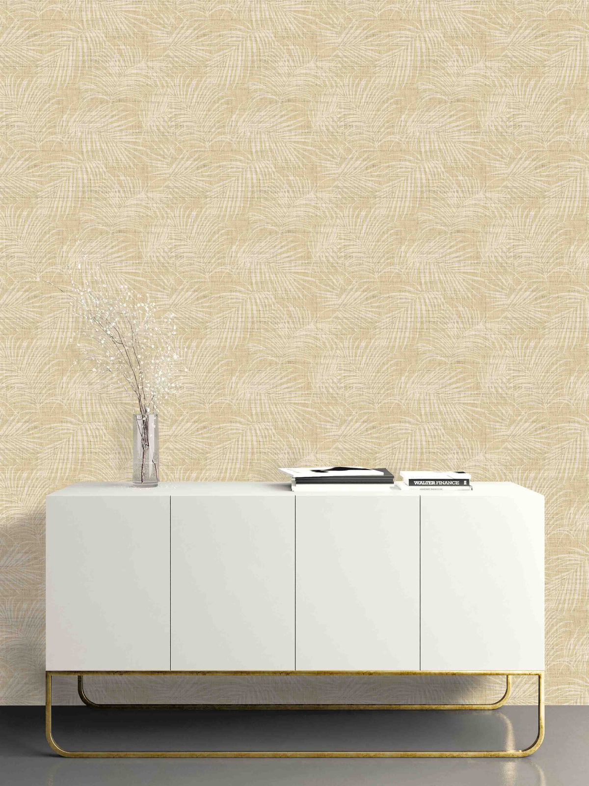 Minimalist white sideboard with gold legs and decor, featuring Palm Grassland Commercial Vinyl against beige walls.