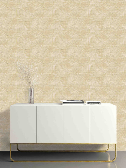 Minimalist white sideboard with gold legs and decor, featuring Palm Grassland Commercial Vinyl against beige walls.