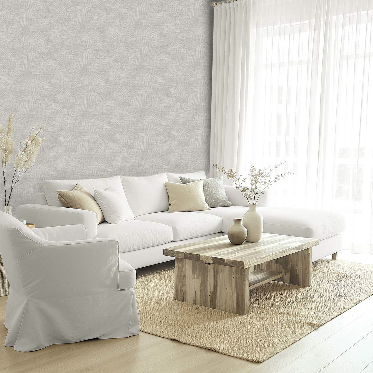 Bright living room with a white sofa, wood table, and Palm Grassland Commercial Vinyl flooring by large windows.