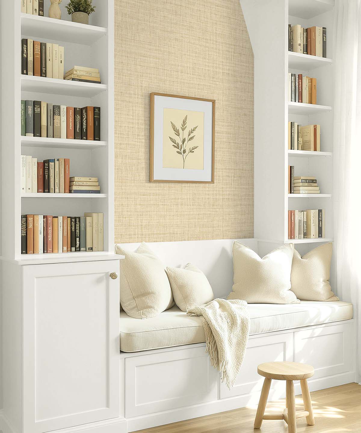 Cozy reading nook with built-in white shelves, beige pillows, and Faux Weave Commercial Vinyl wallpaper.