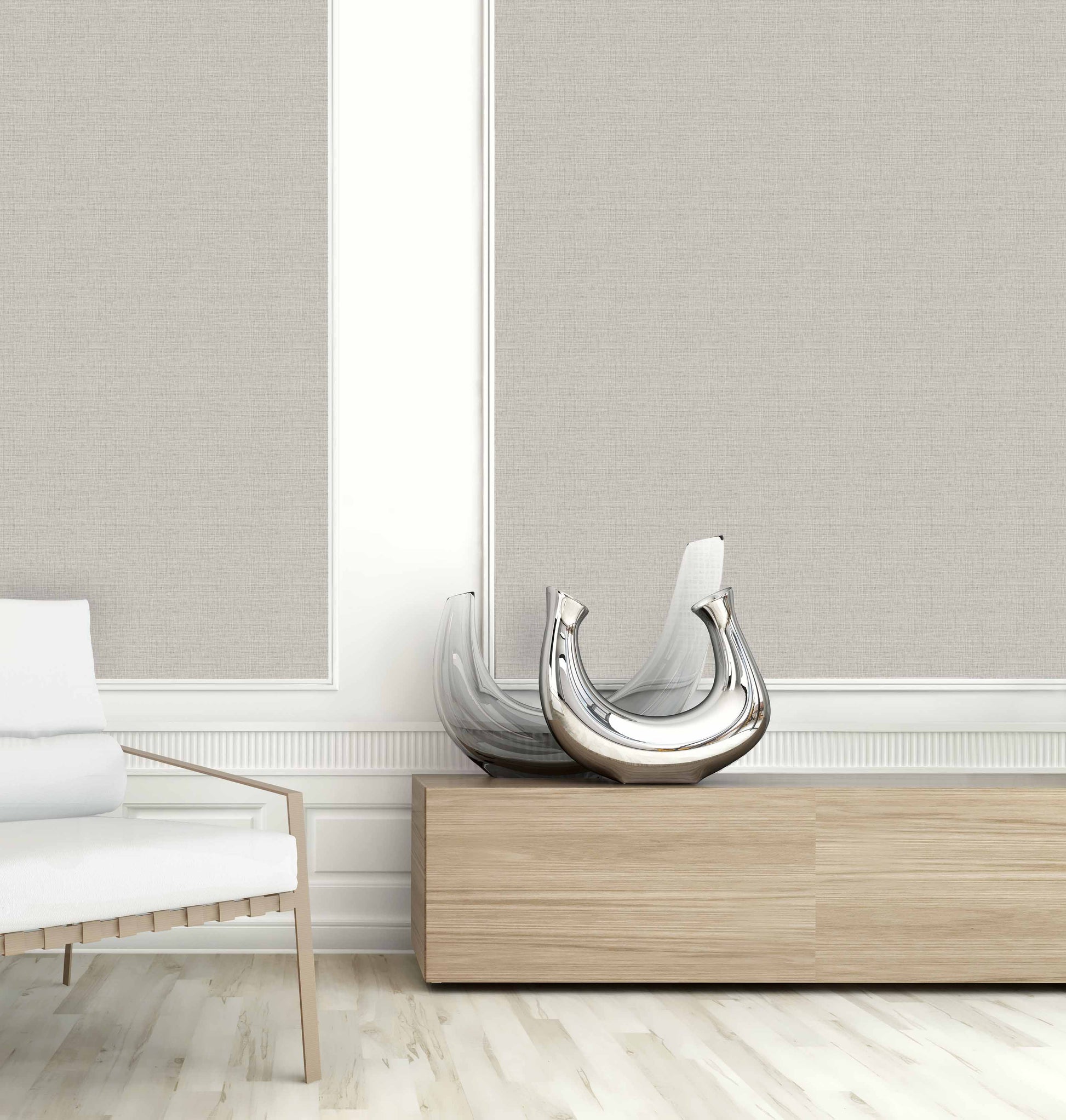 Modern minimalist room with a light wood bench, abstract silver sculpture, and Faux Weave Commercial Vinyl wall panel.