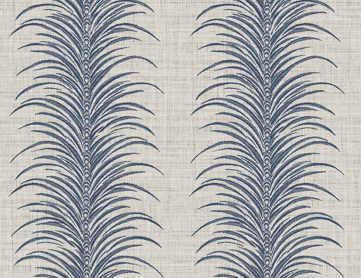 Tropical Bali Leaf Stripe Commercial Vinyl features blue palm leaf stripes on embossed wallpaper for a modern, botanical vibe.