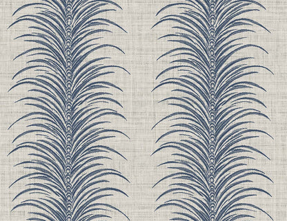 Tropical Bali Leaf Stripe Commercial Vinyl features blue palm leaf stripes on embossed wallpaper for a modern, botanical vibe.