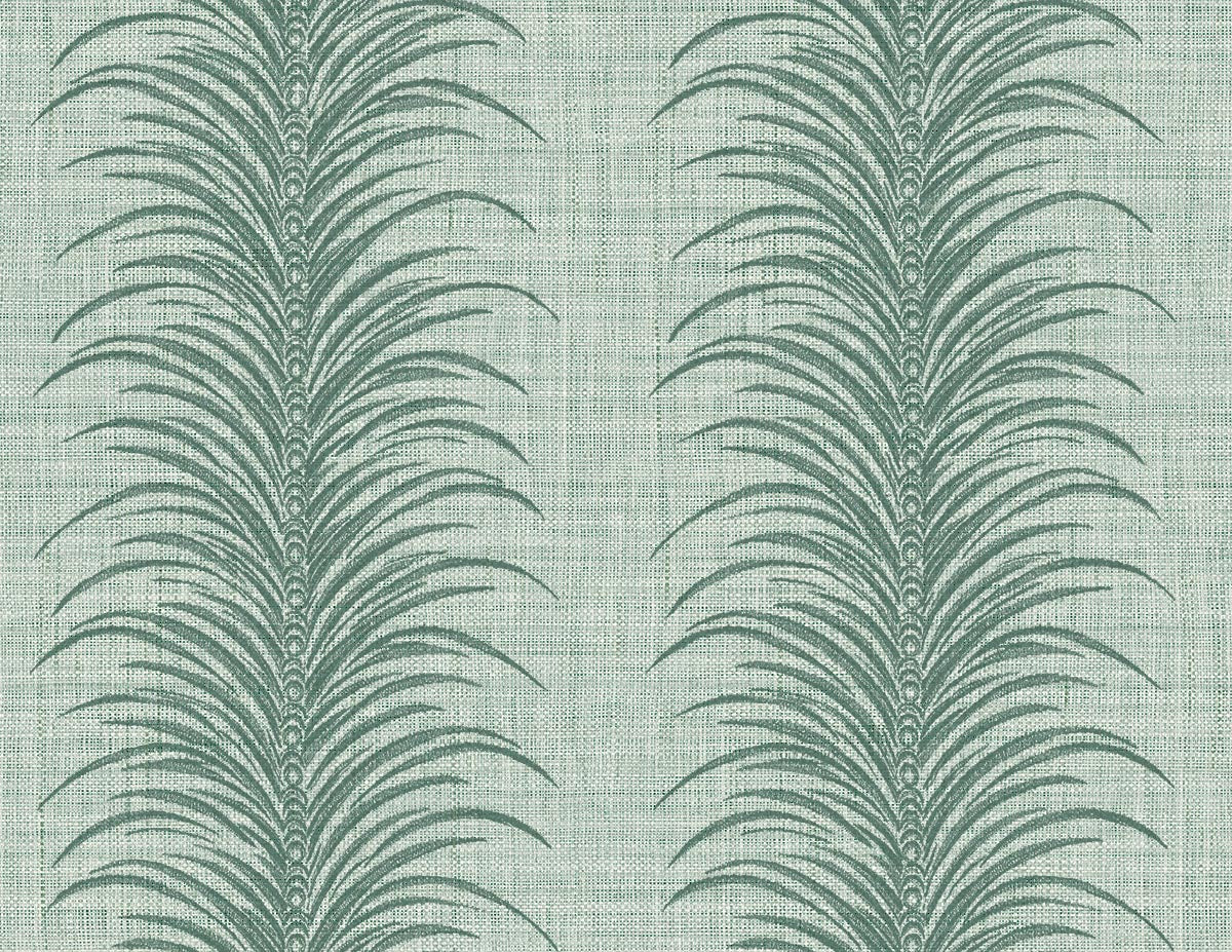 Tropical Bali Leaf Stripe Commercial Vinyl features green palm leaves on textured light grey wallpaper for modern spaces.