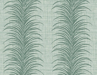 Tropical Bali Leaf Stripe Commercial Vinyl features green palm leaves on textured light grey wallpaper for modern spaces.