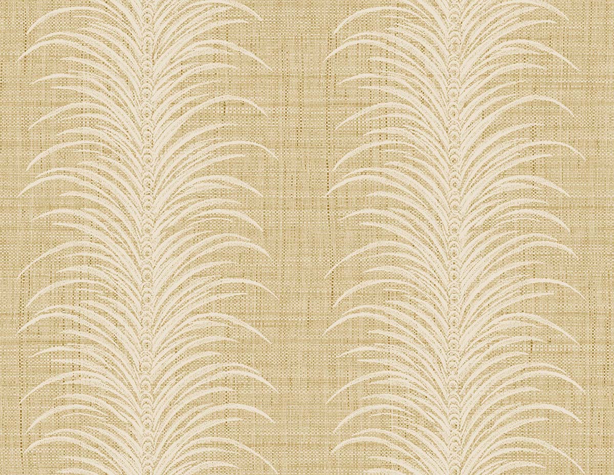 Tropical Bali Leaf Stripe Commercial Vinyl—durable beige wallpaper with embossed white palm leaves for modern spaces.