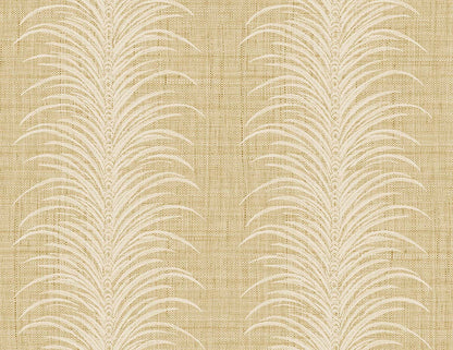 Tropical Bali Leaf Stripe Commercial Vinyl—durable beige wallpaper with embossed white palm leaves for modern spaces.