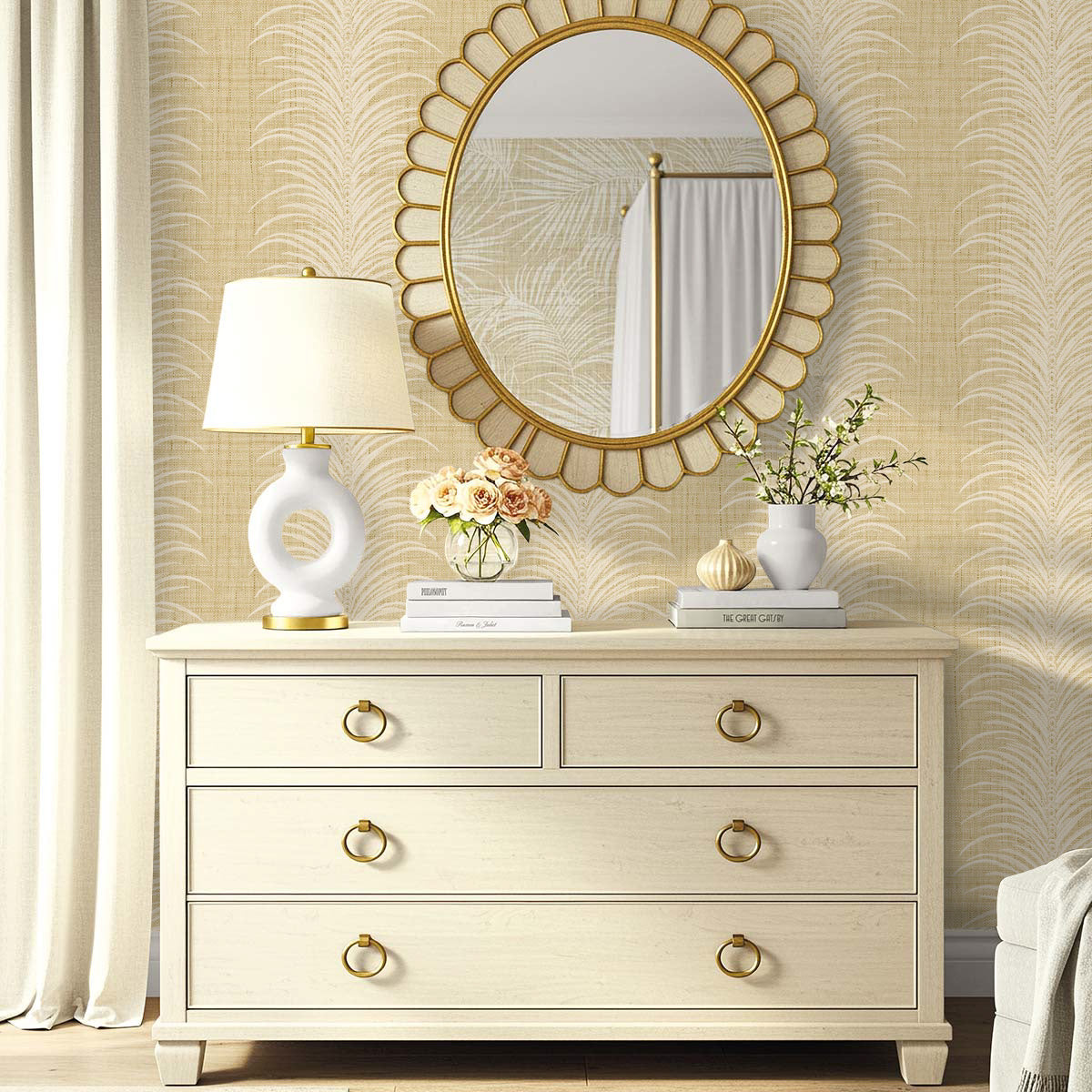 Beige dresser with gold handles and mirror set against Tropical Bali Leaf Stripe Commercial Vinyl wallpaper.