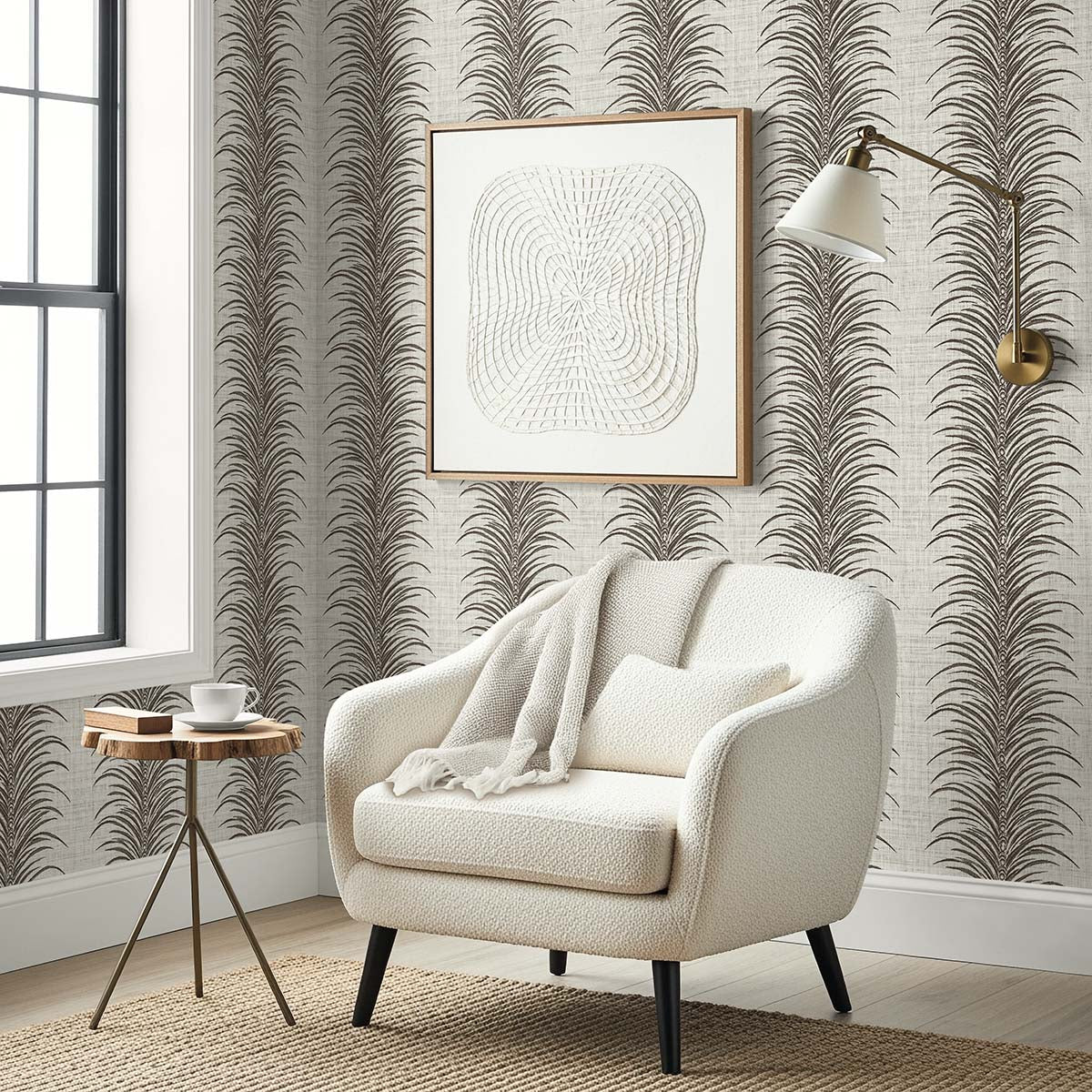 Cozy white armchair, blanket, wall art, and lamp in a stylish room with Tropical Bali Leaf Stripe Commercial Vinyl wallpaper.