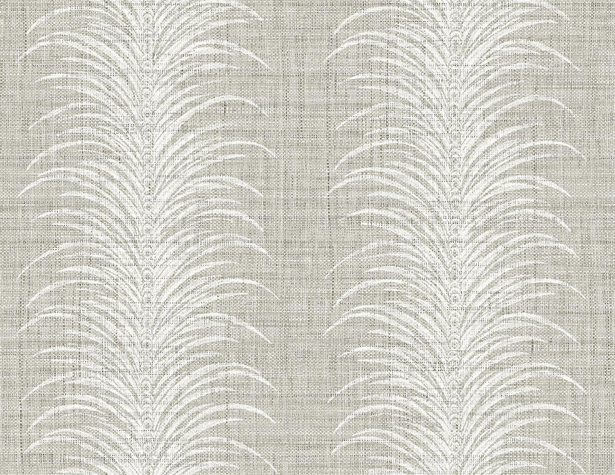 Tropical Bali Leaf Stripe Commercial Vinyl: white palm leaf pattern on embossed light gray wallpaper, 2-column repeat.