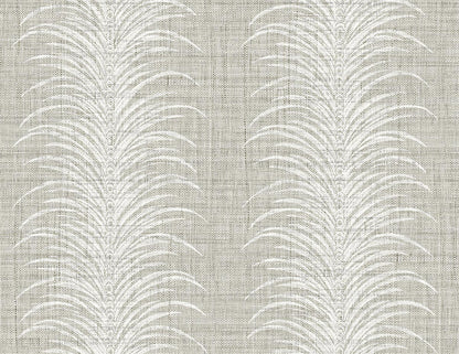 Tropical Bali Leaf Stripe Commercial Vinyl: white palm leaf pattern on embossed light gray wallpaper, 2-column repeat.