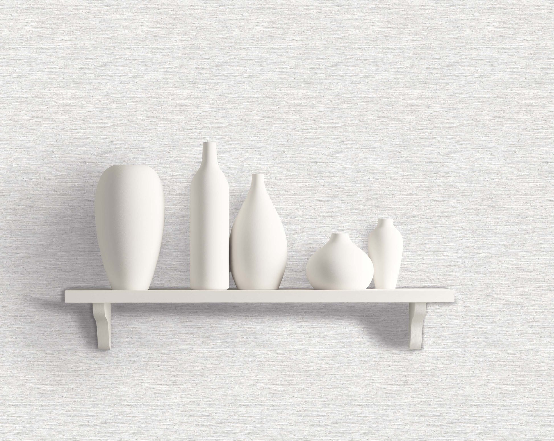 A white shelf with five matte vases stands against Texture Grasscloth Effect Vinyl, adding style to a modern space.