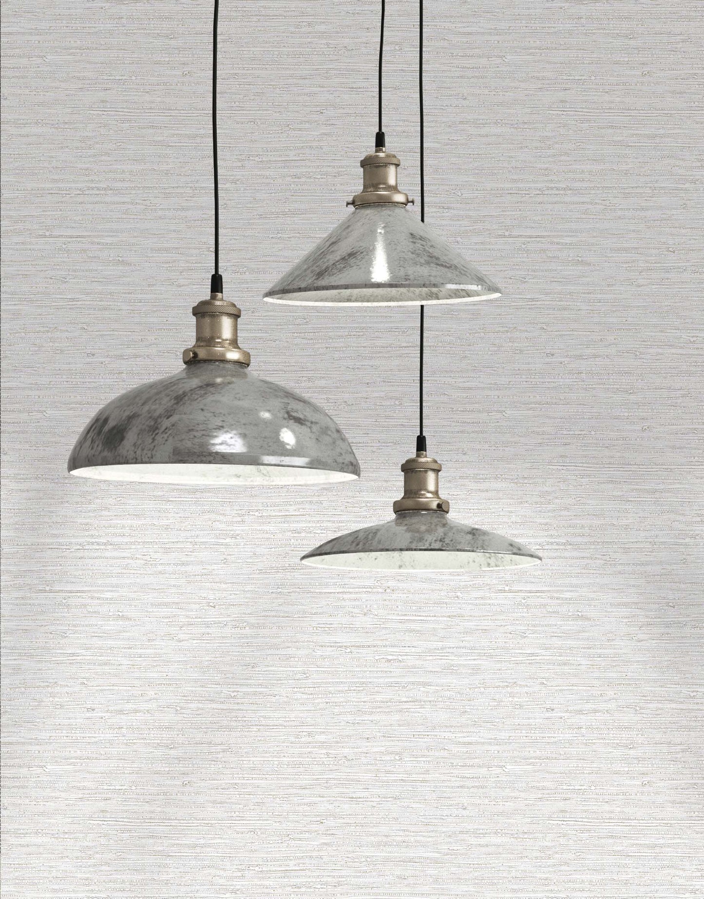 Three metal pendant lights with black cords hang before Texture Grasscloth Effect Commercial Vinyl wallpaper.