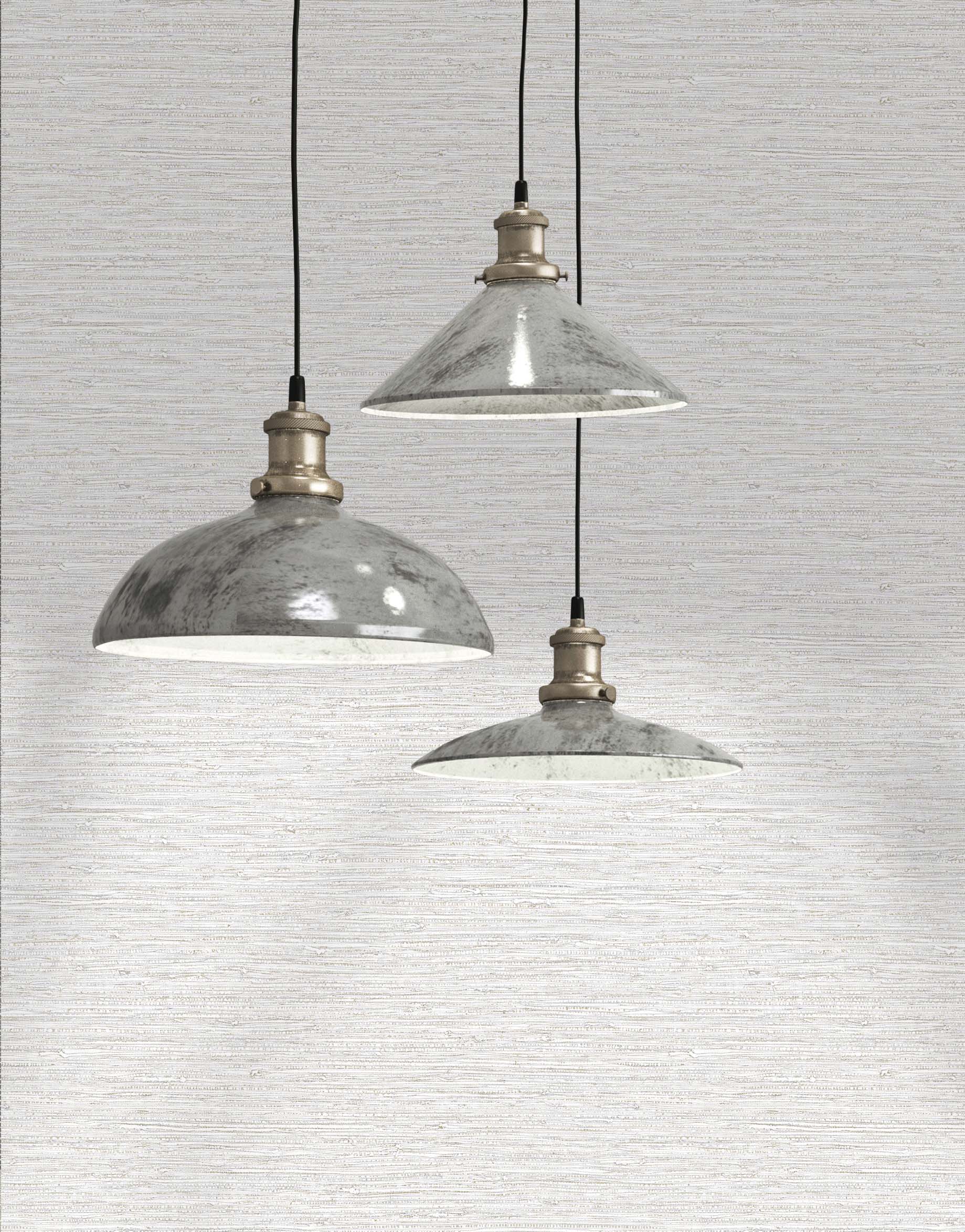 Three metal pendant lights with black cords hang before Texture Grasscloth Effect Commercial Vinyl wallpaper.